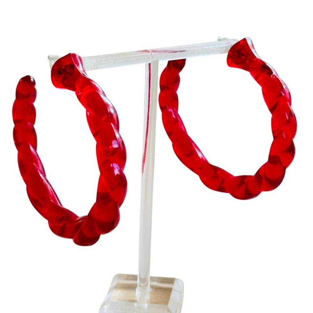 VTG Runway‎ Lucite Chunky clear red hoop Earrings large Dangle pierced retro 80s